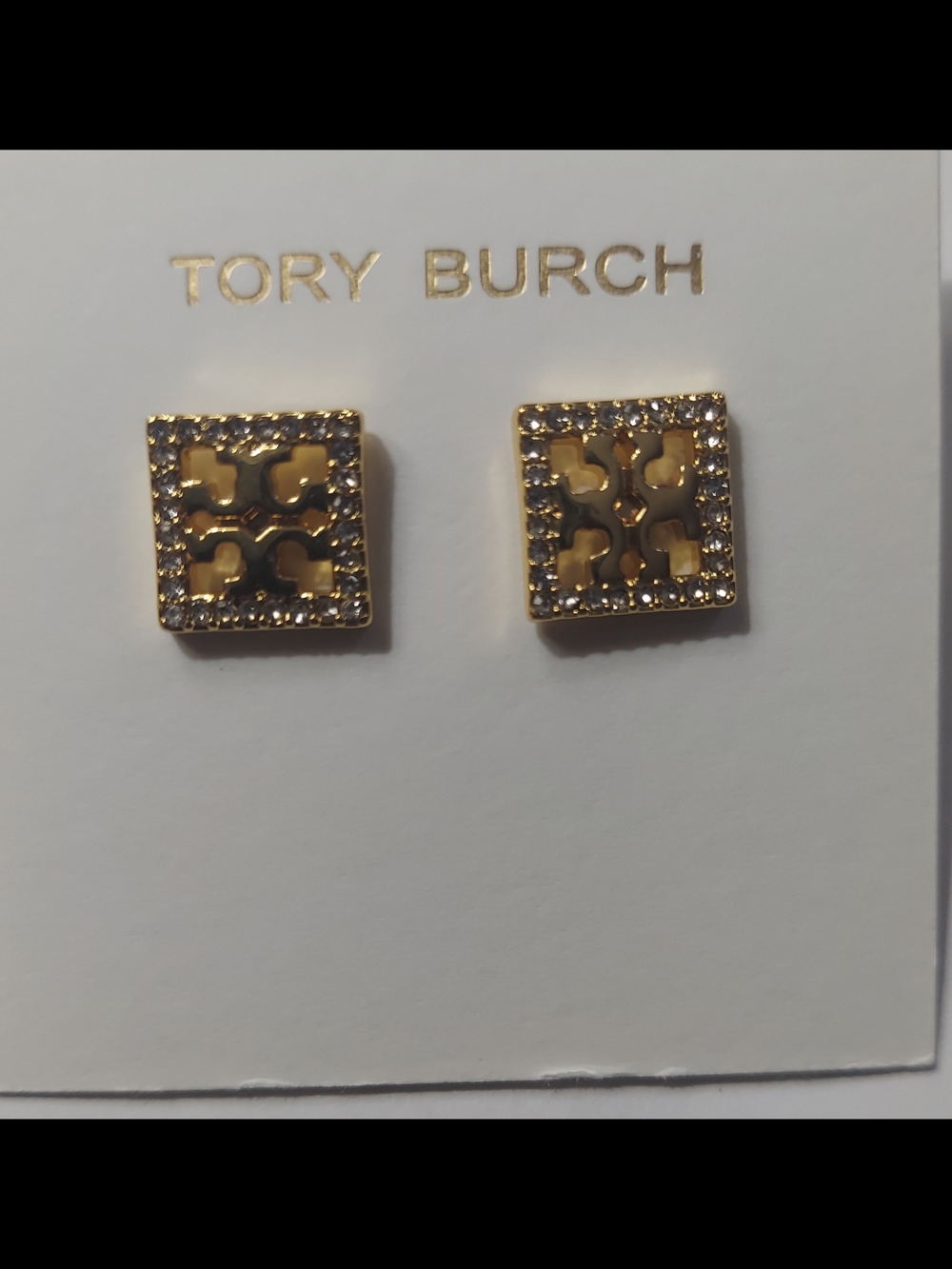 Tory Burch Gold Crystal Square Logo Stud Earrings